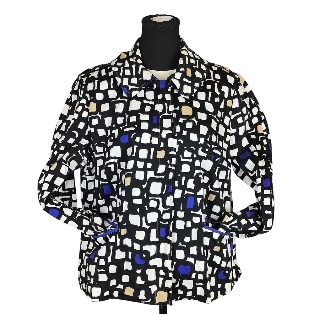 Vintage Sandy White Cotton Stretch Geometric Zip Jacket Womens 16‎ Black Blue